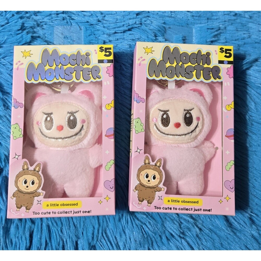 Mochi Monster Set of 2 Pink Plush Charm 5" Keychains With Gold Hardware 🩷